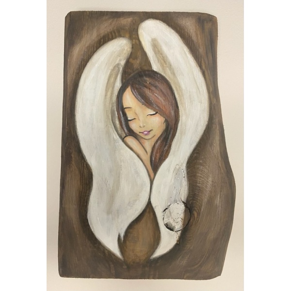 Ręcznie malowany obraz anioła na drewnie 29x20 cm – akryl, personalizacja