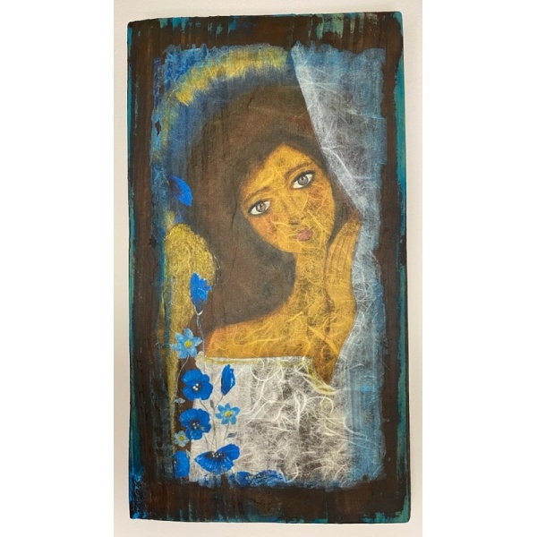 Anioł na drewnie ręcznie robiony – obraz decoupage boho 31,5x17,5 cm