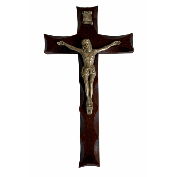 Krzyż drewniany ciemny z metalową figurą Jezusa INRI 21×11 cm – ozdobny krzyż ścienny premium