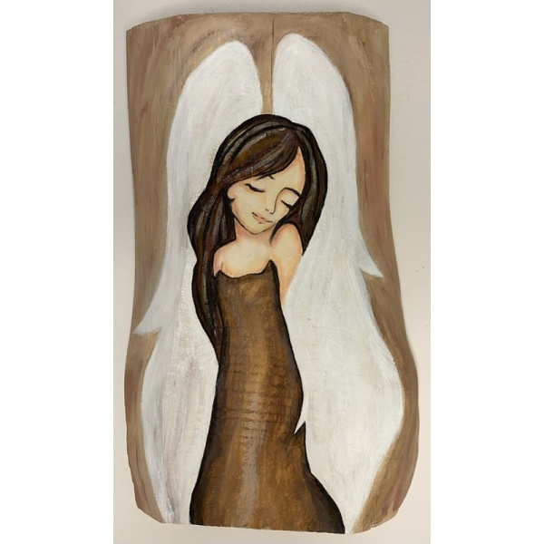 Ręcznie malowany anioł na drewnie 32×20 cm – obraz akrylowy, dekoracja ścienna handmade