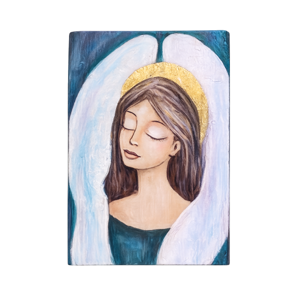 Unikatowy Anioł Stróż – ręcznie malowany obraz na drewnie 30x23 cm